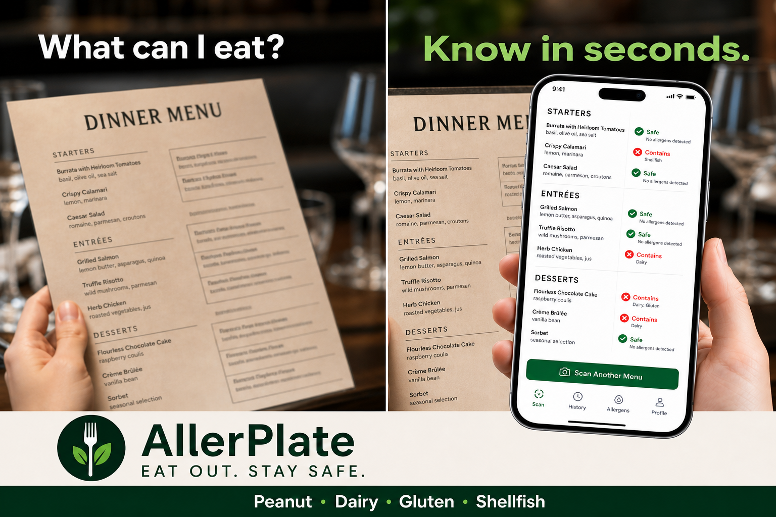 Side-by-side: confusing paper dinner menu versus AllerPlate iPhone app showing Safe and Avoid on each dish