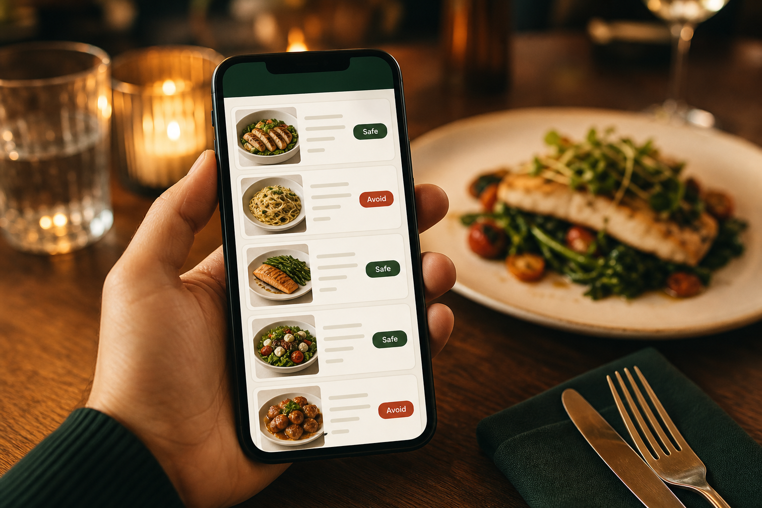 Restaurant table with phone showing allergen Safe and Avoid labels