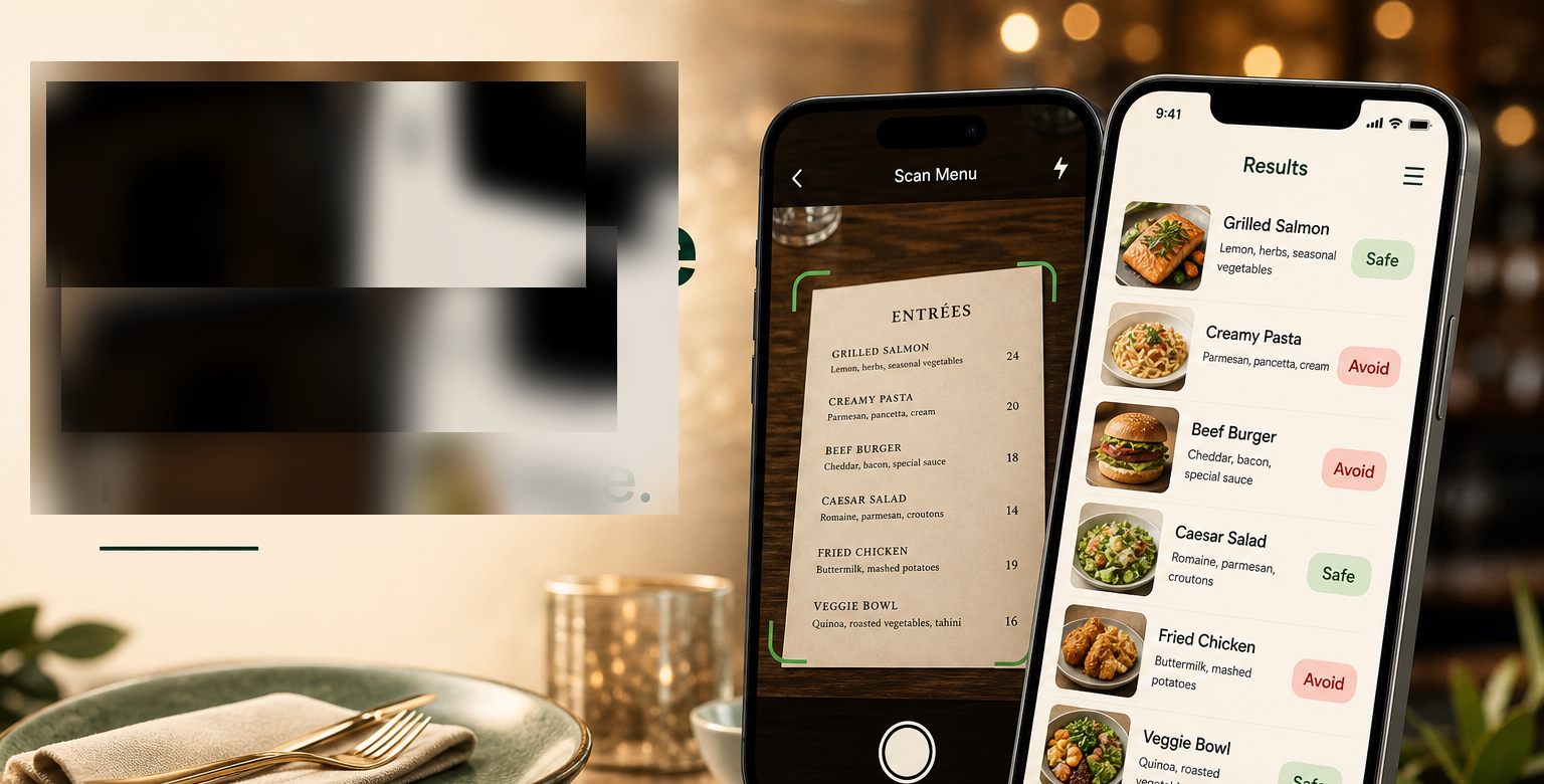 AllerPlate on iPhone scanning a restaurant menu with Safe and Avoid dish labels